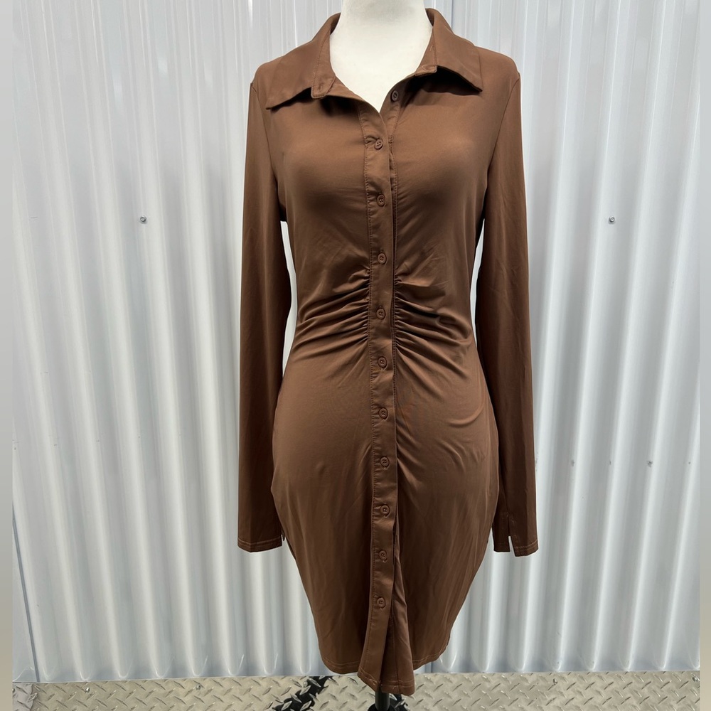 Fashion Nova Dress -Brown Long Sleeve Button Down Ruched Shirt Dress – Size M